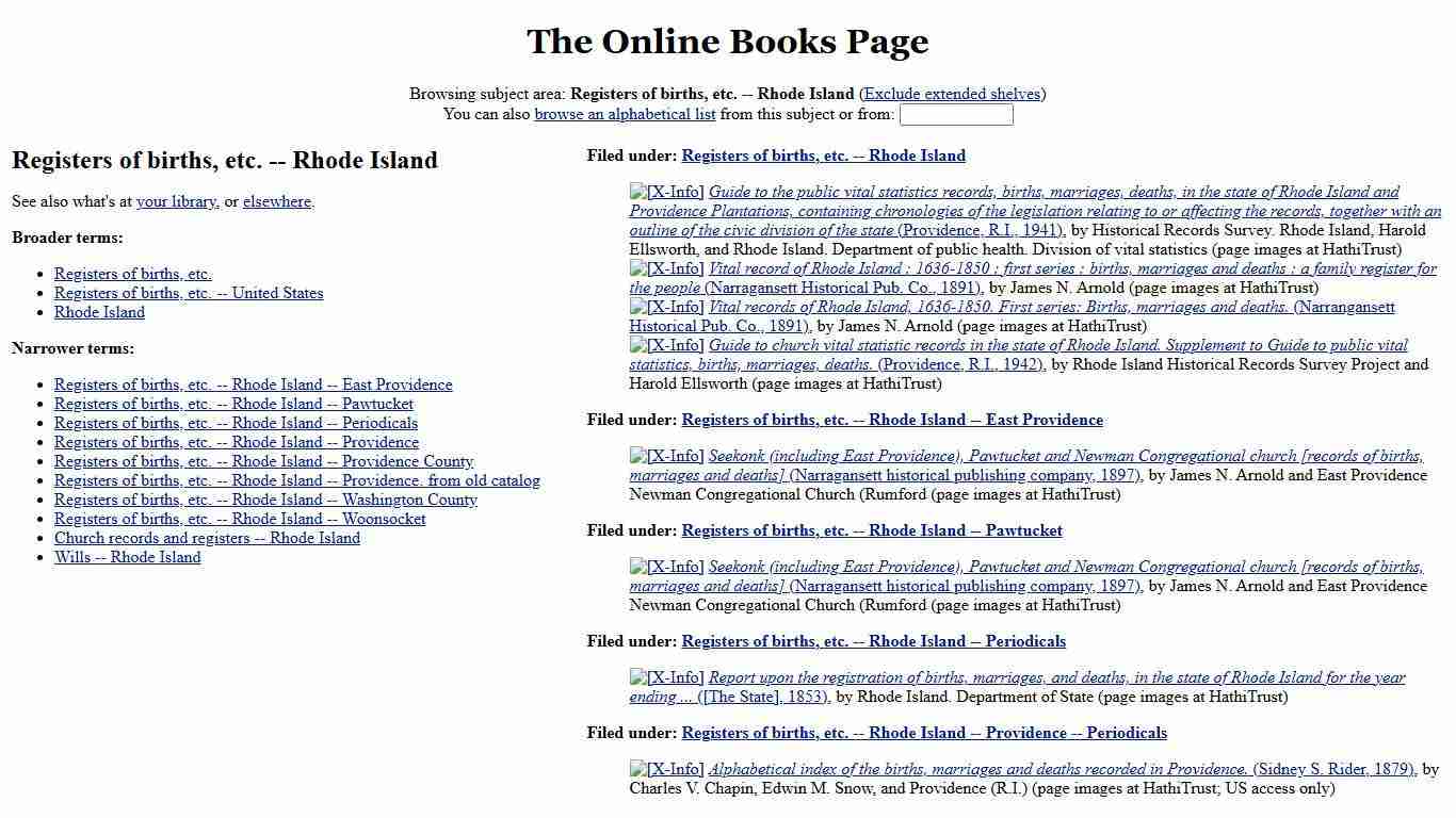 Browse subject: Registers of births, etc. -- Rhode Island | The Online Books Page