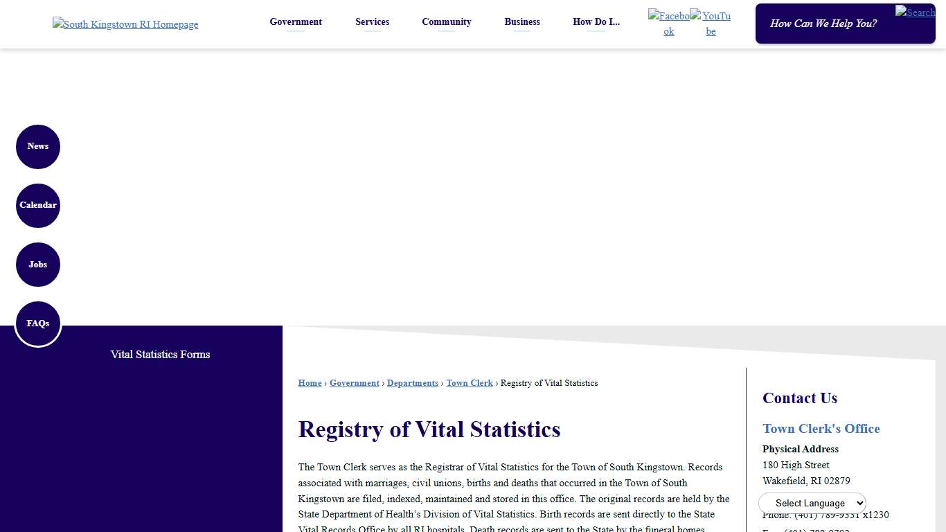Registry of Vital Statistics | South Kingstown, RI
