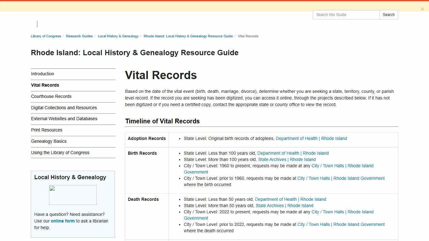 Vital Records - Rhode Island: Local History & Genealogy Resource Guide - Research Guides at Library of Congress